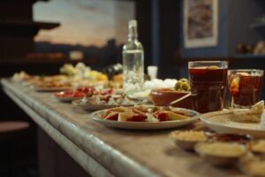 Marble tapas counter in the Gothic Quarter with small plates and vermouth