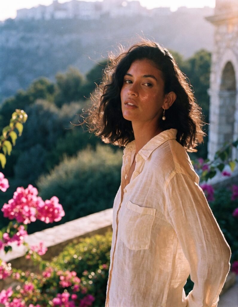 Valentina on a sunlit Mediterranean terrace