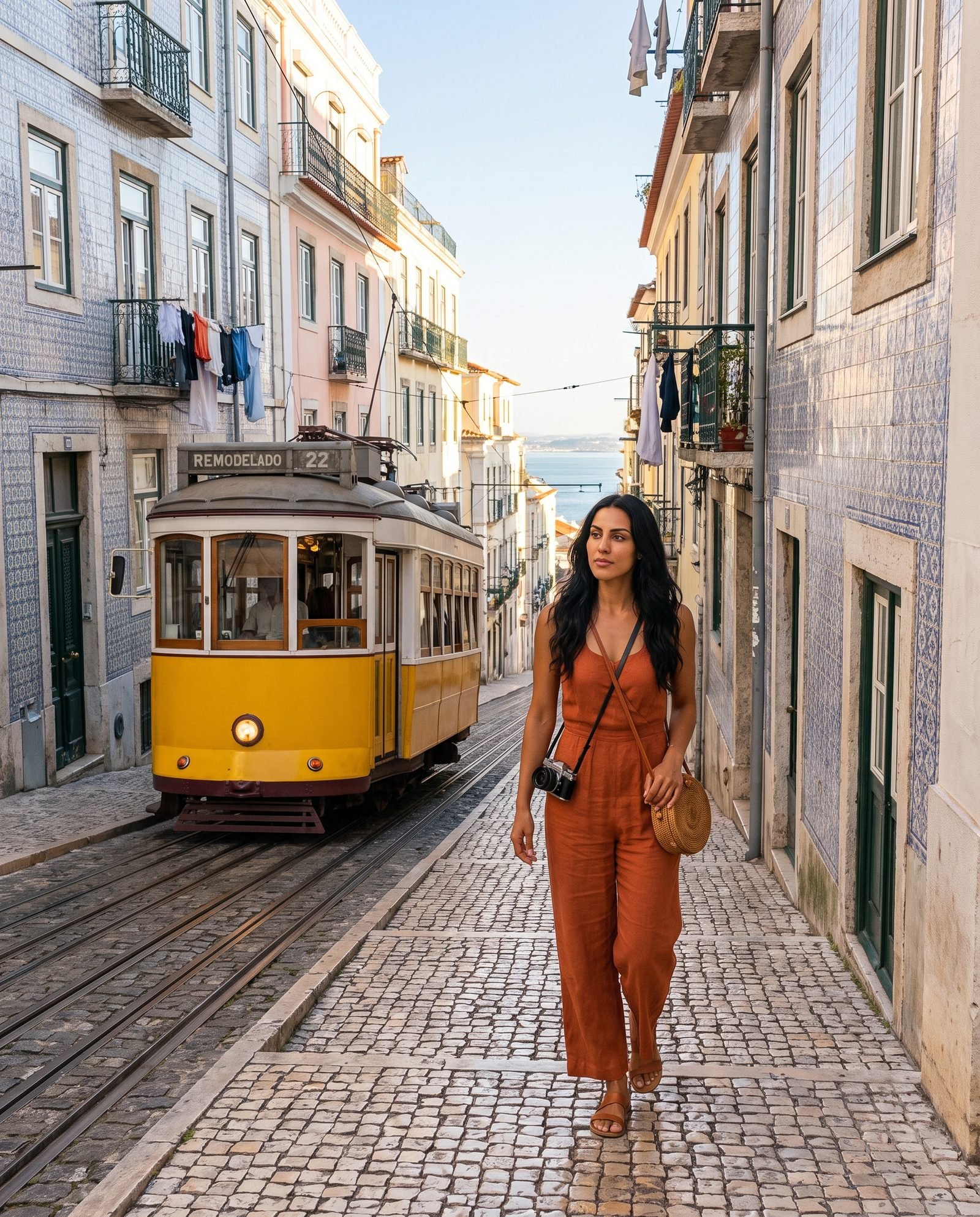 Sienna beside a yellow tram in Alfama, Lisbon
