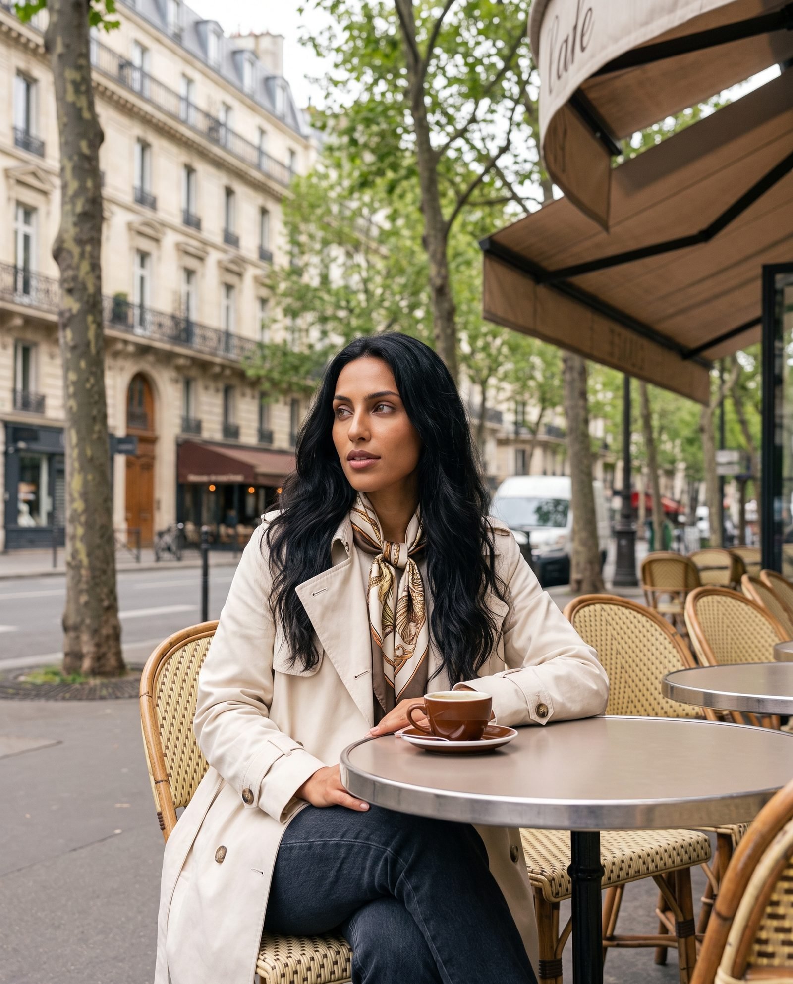 Sienna at a cafe terrace on a Haussmann boulevard in Paris