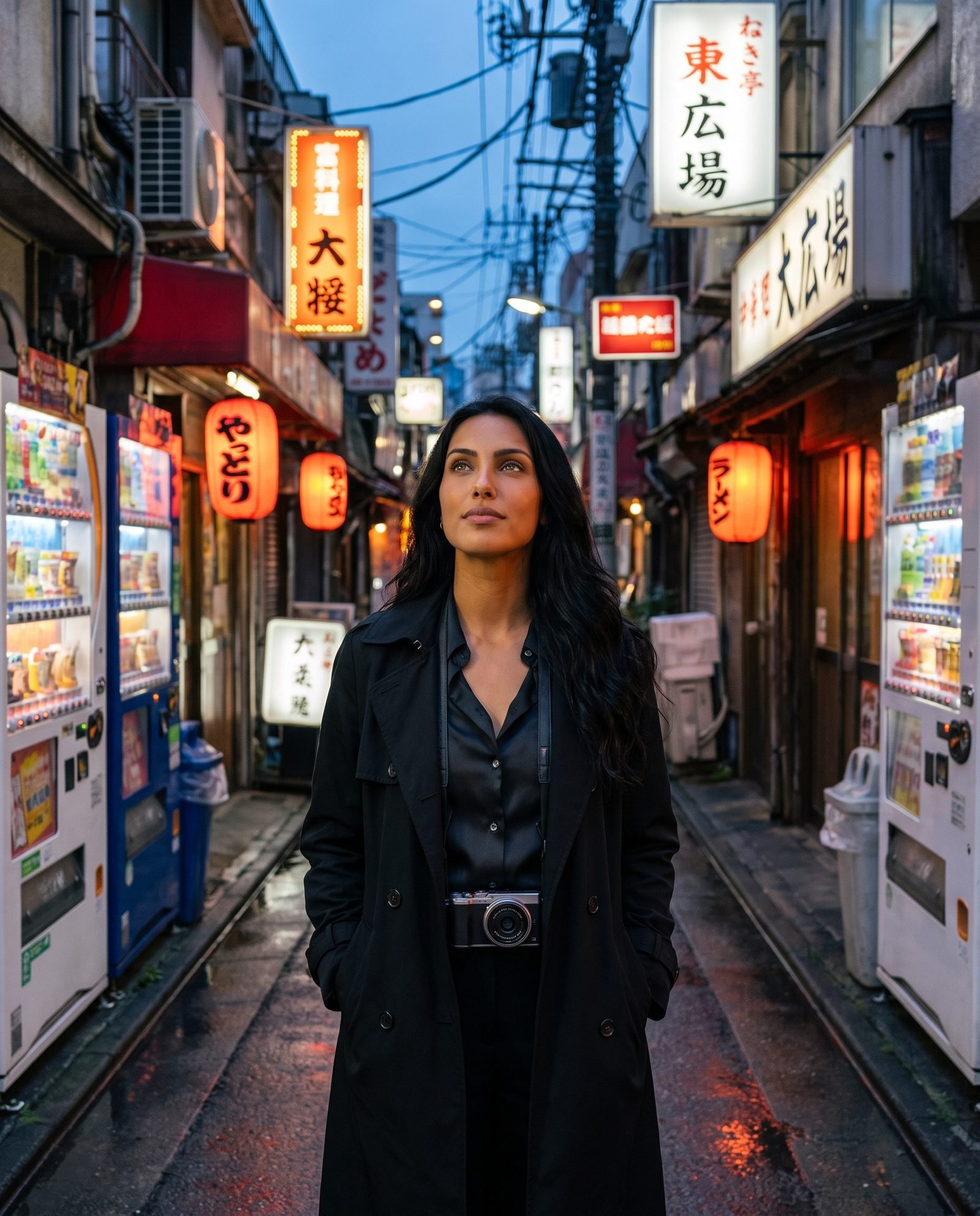 Sienna in a neon-lit backstreet in Tokyo at dusk